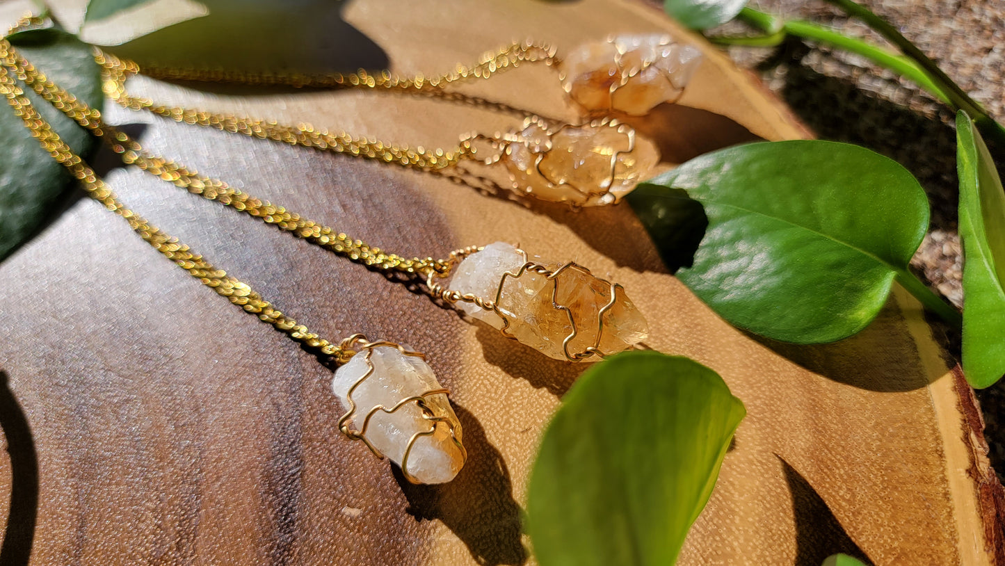 Raw Citrine Gemstone Necklace, gold color chain . stainless steel, earth jewelry crystal healing chakra sun solar
