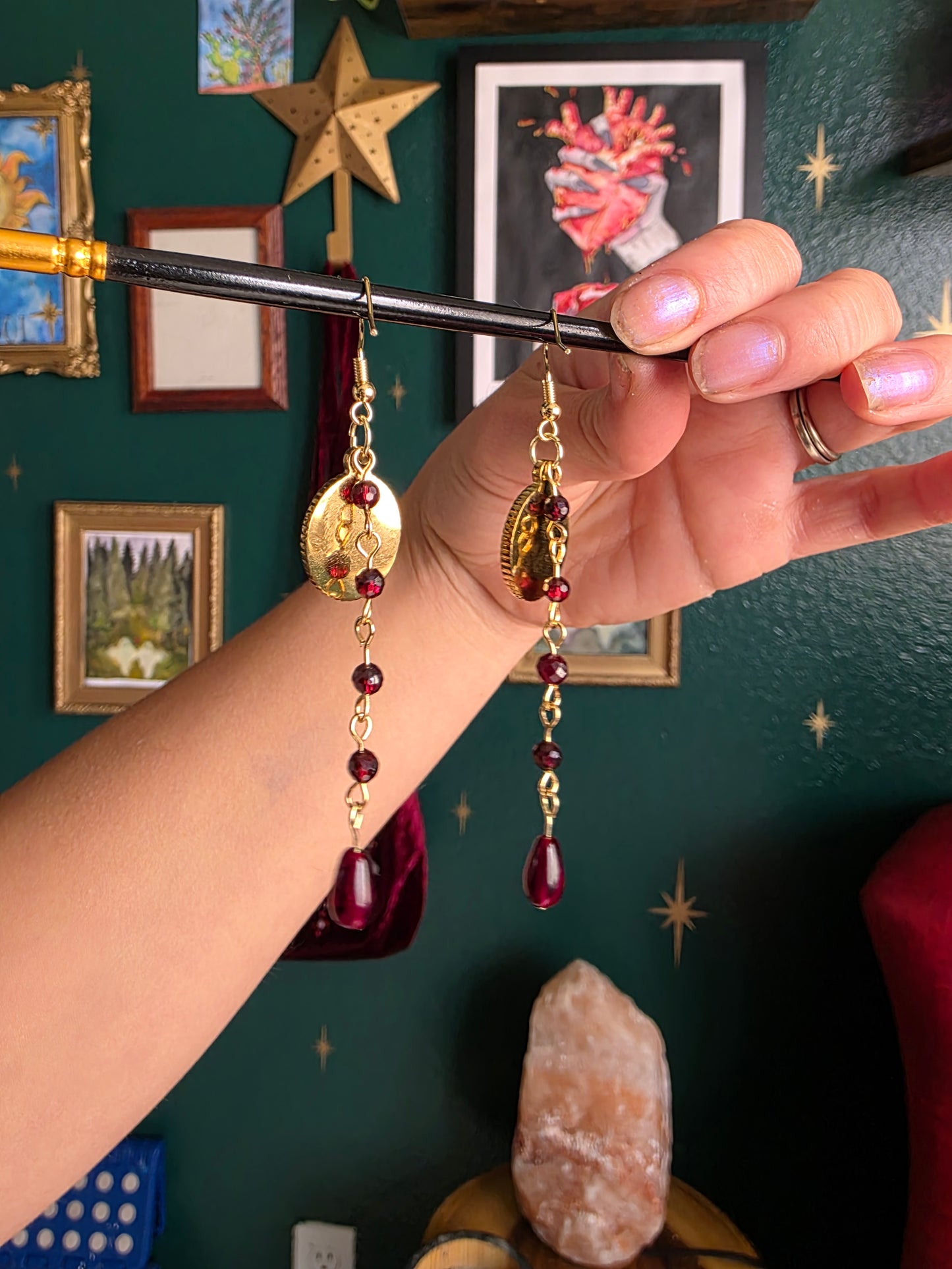 Garnet Sun Charm Dangle Earrings