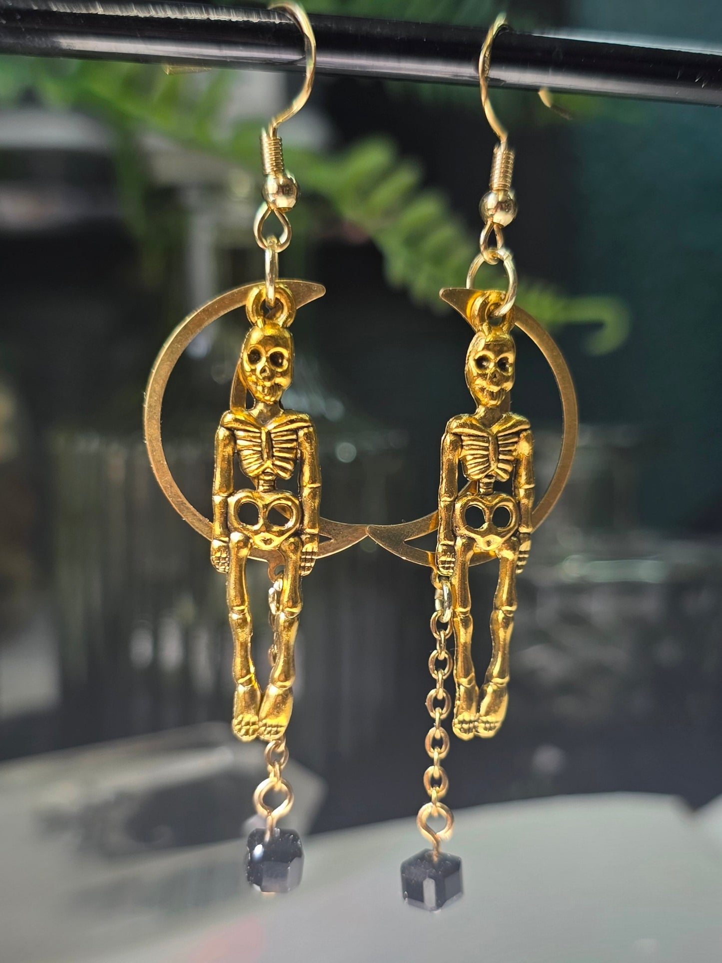 Skeletons and Hallow Crescent Moon Chain in Cubic Obsidian Danse Macabre