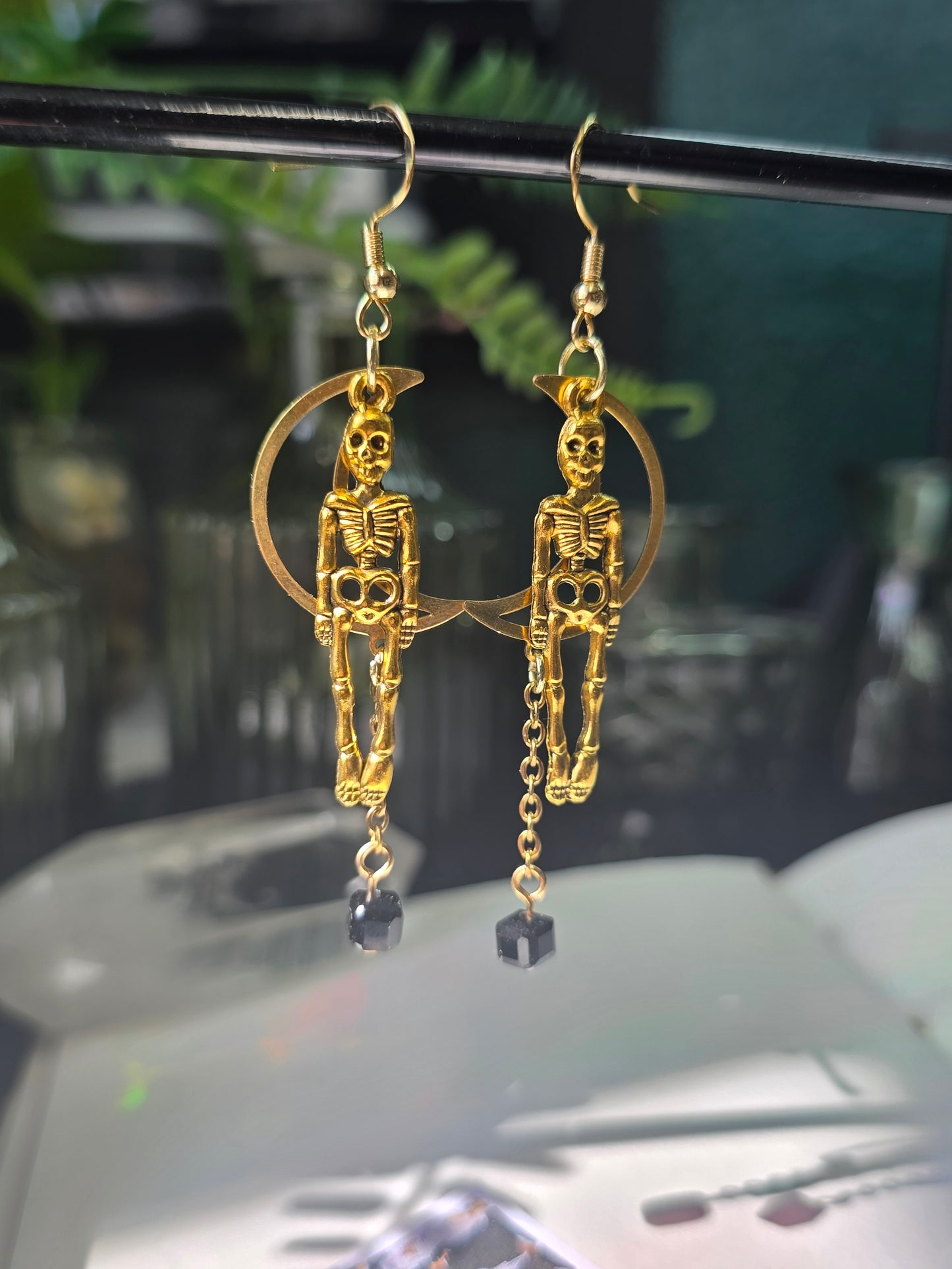 Skeletons and Hallow Crescent Moon Chain in Cubic Obsidian Danse Macabre
