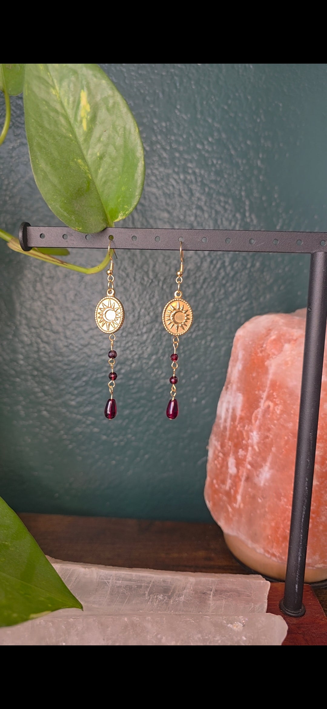 Garnet Sun Charm Dangle Earrings