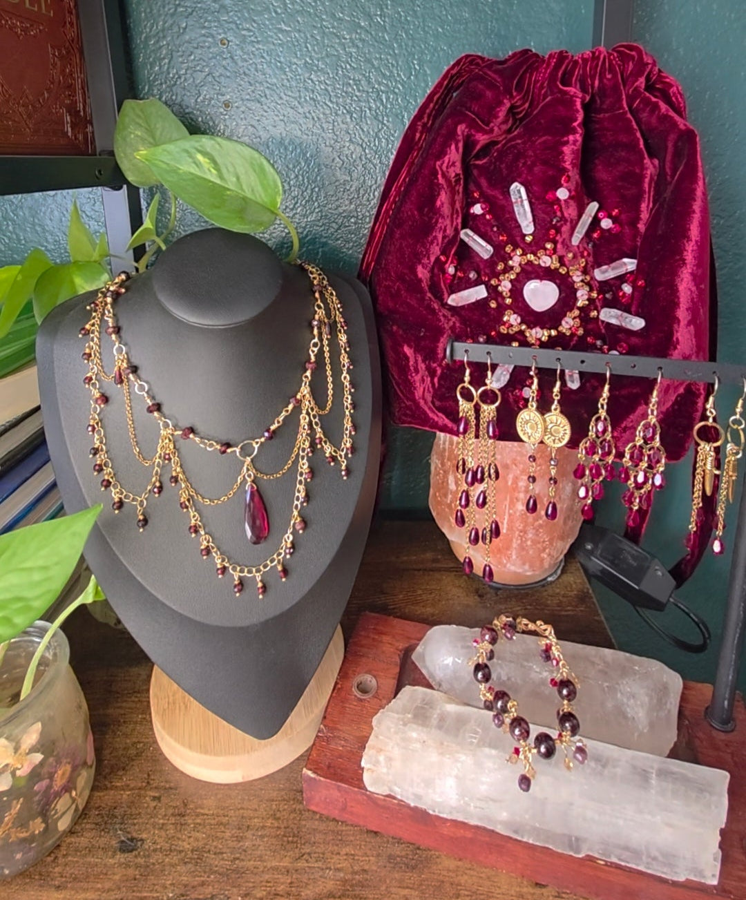 Garnet Crystal Grid Velvet Purse
