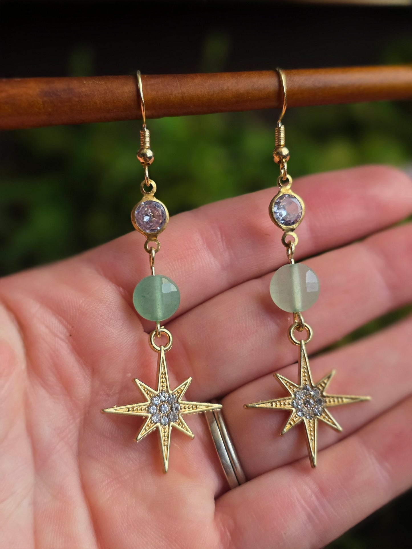 Green Aventurine with Gold Stars CZ Accents