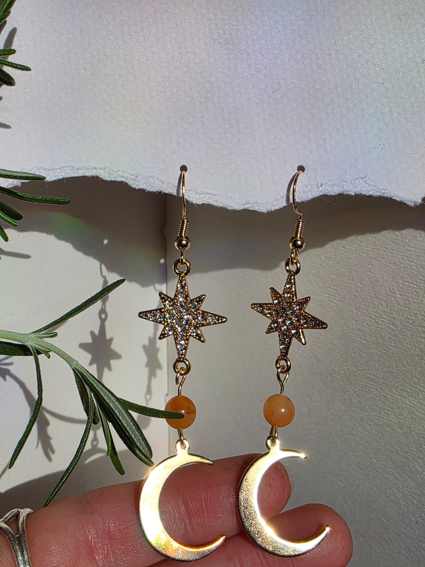 Agate and Gold Stars and Moon Charm Earrings