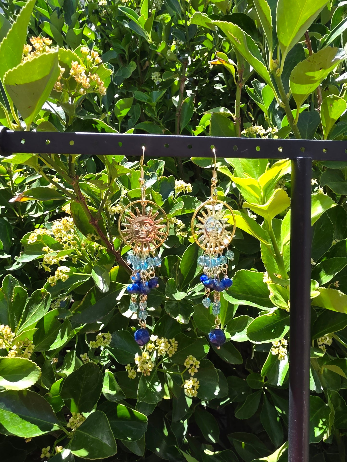 Celestial Blue Lapis Lazuli Ring Dangle Earrings with Sun