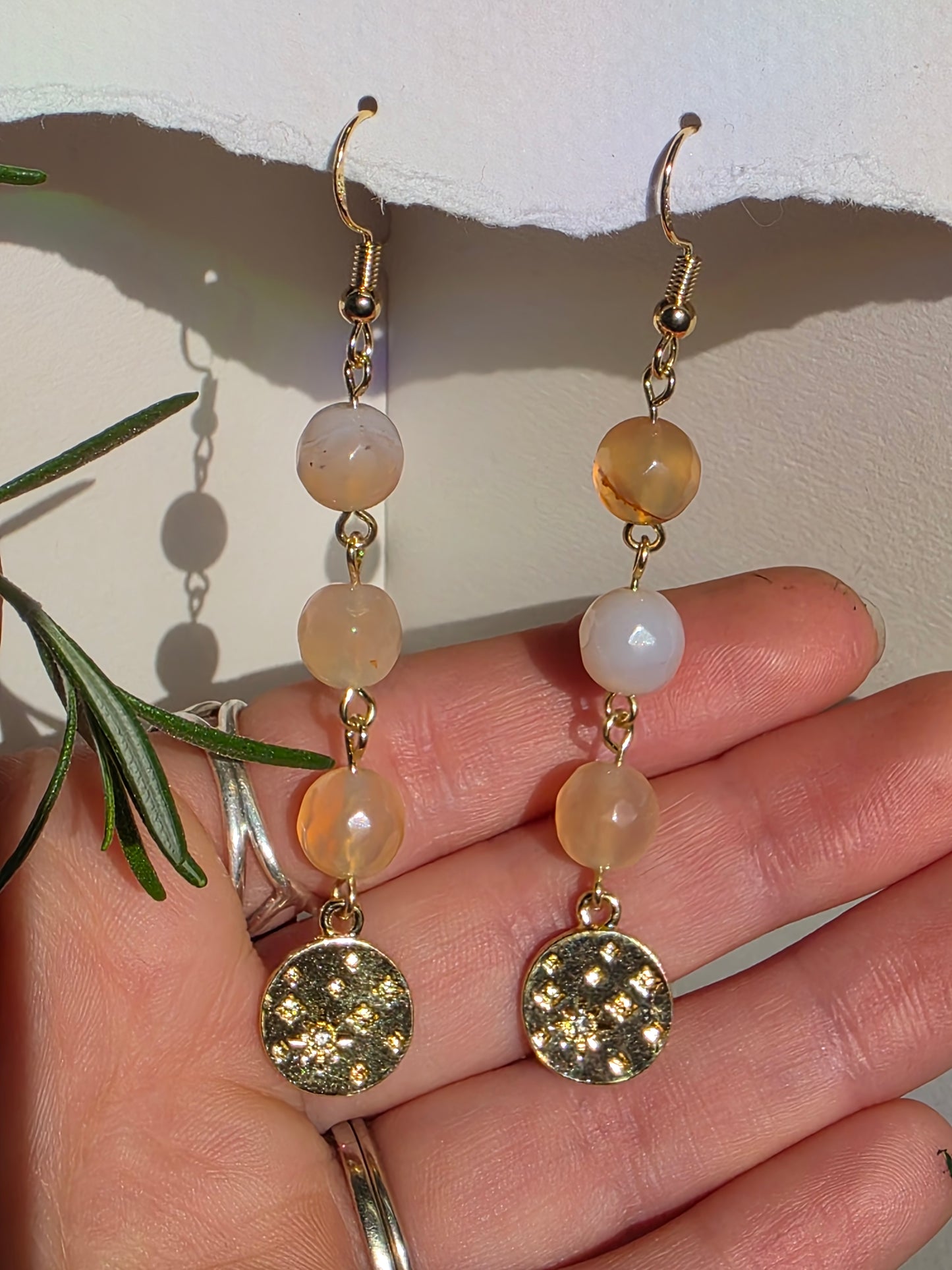 Agate and Gold Hammered Stars Coin Charm Earrings