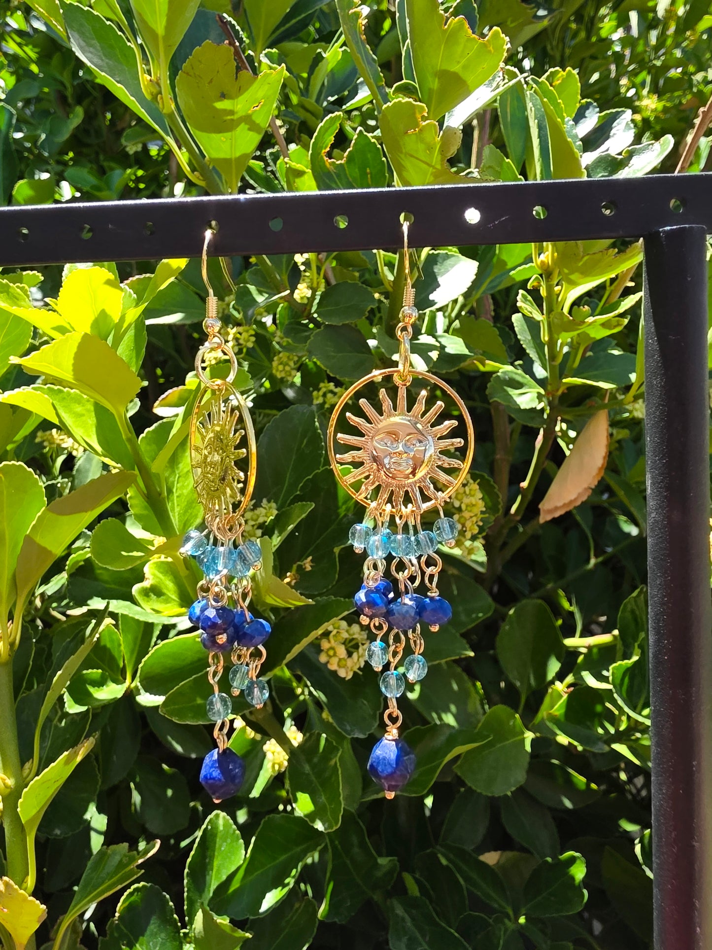 Celestial Blue Lapis Lazuli Ring Dangle Earrings with Sun