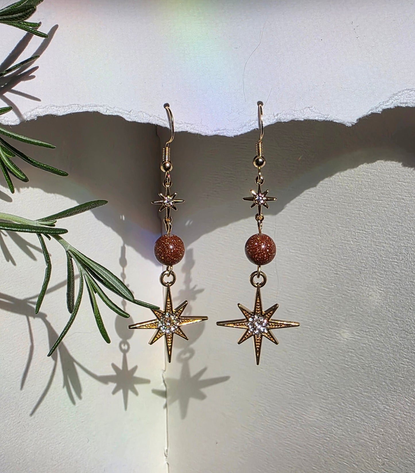 Gold Sand Stone and Gold Star Charm Earrings