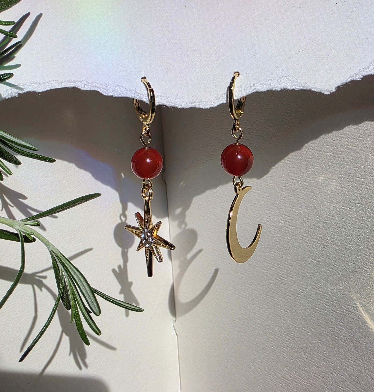 Carnelian and Gold Stars and Moon Charm Earrings