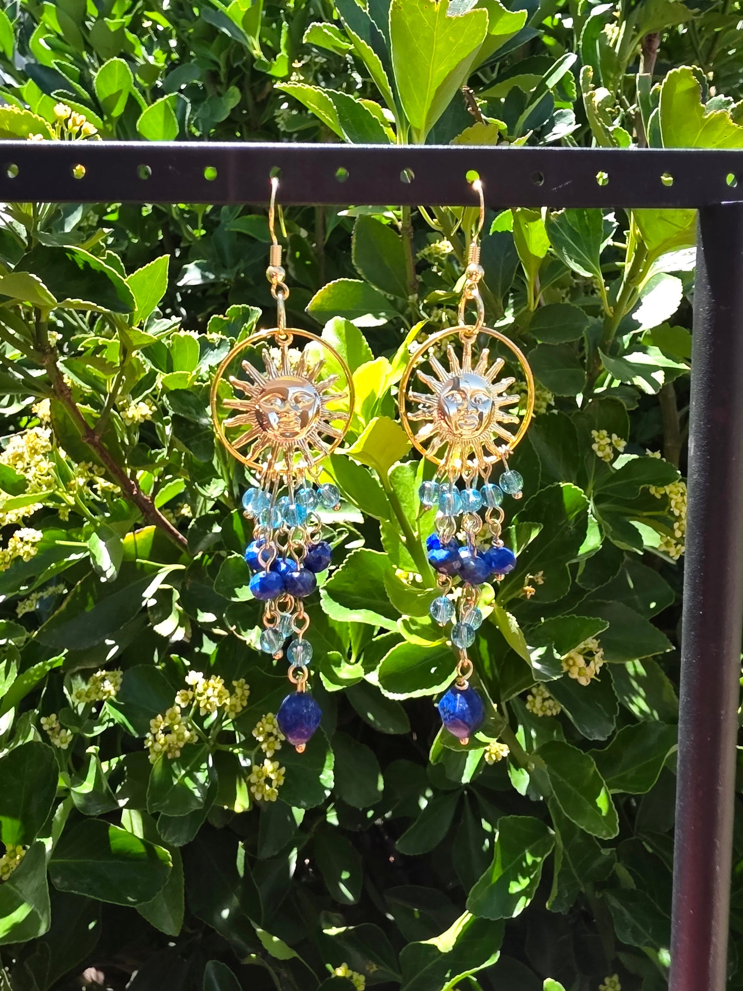 Celestial Blue Lapis Lazuli Ring Dangle Earrings with Sun