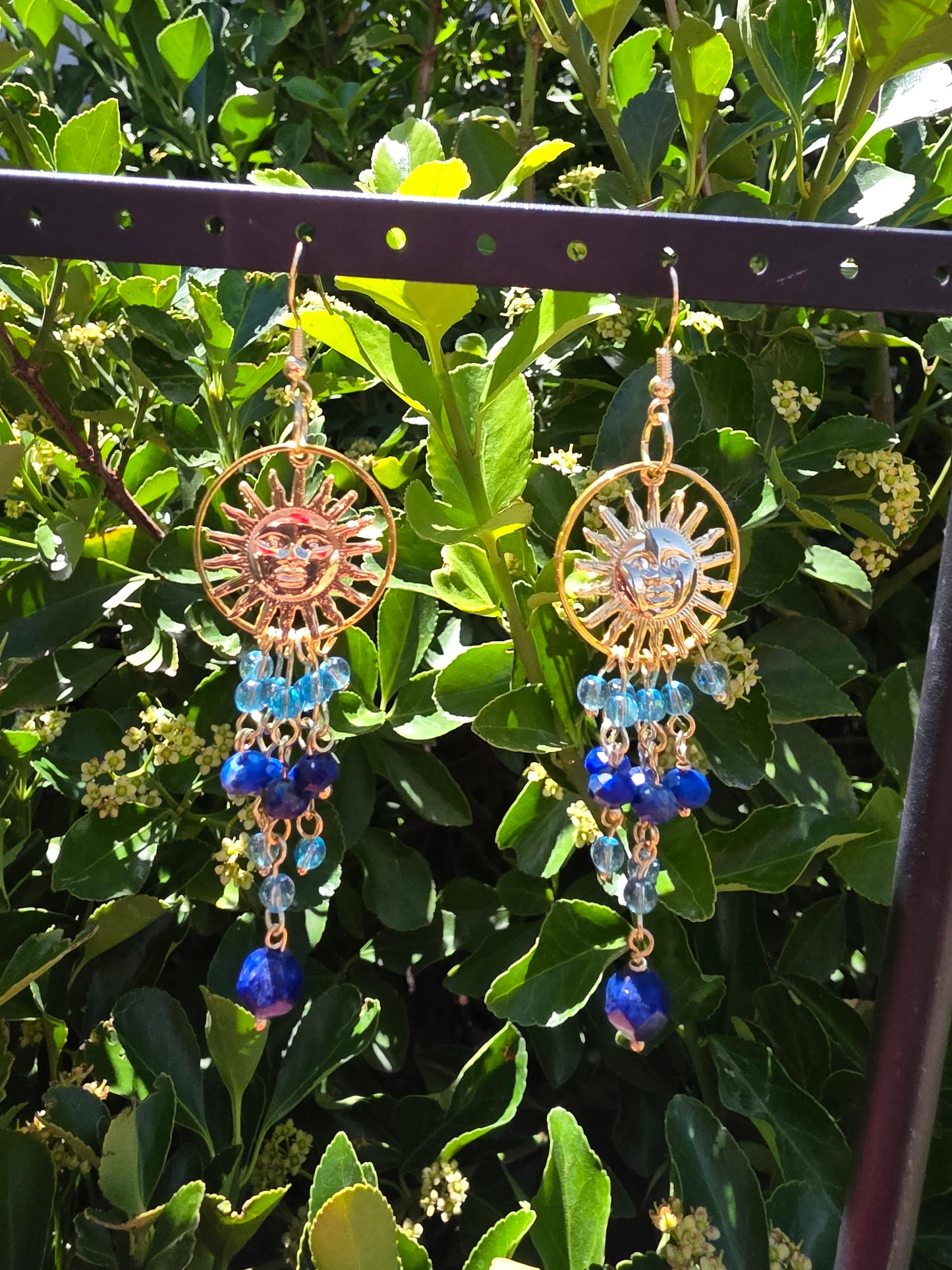 Celestial Blue Lapis Lazuli Ring Dangle Earrings with Sun