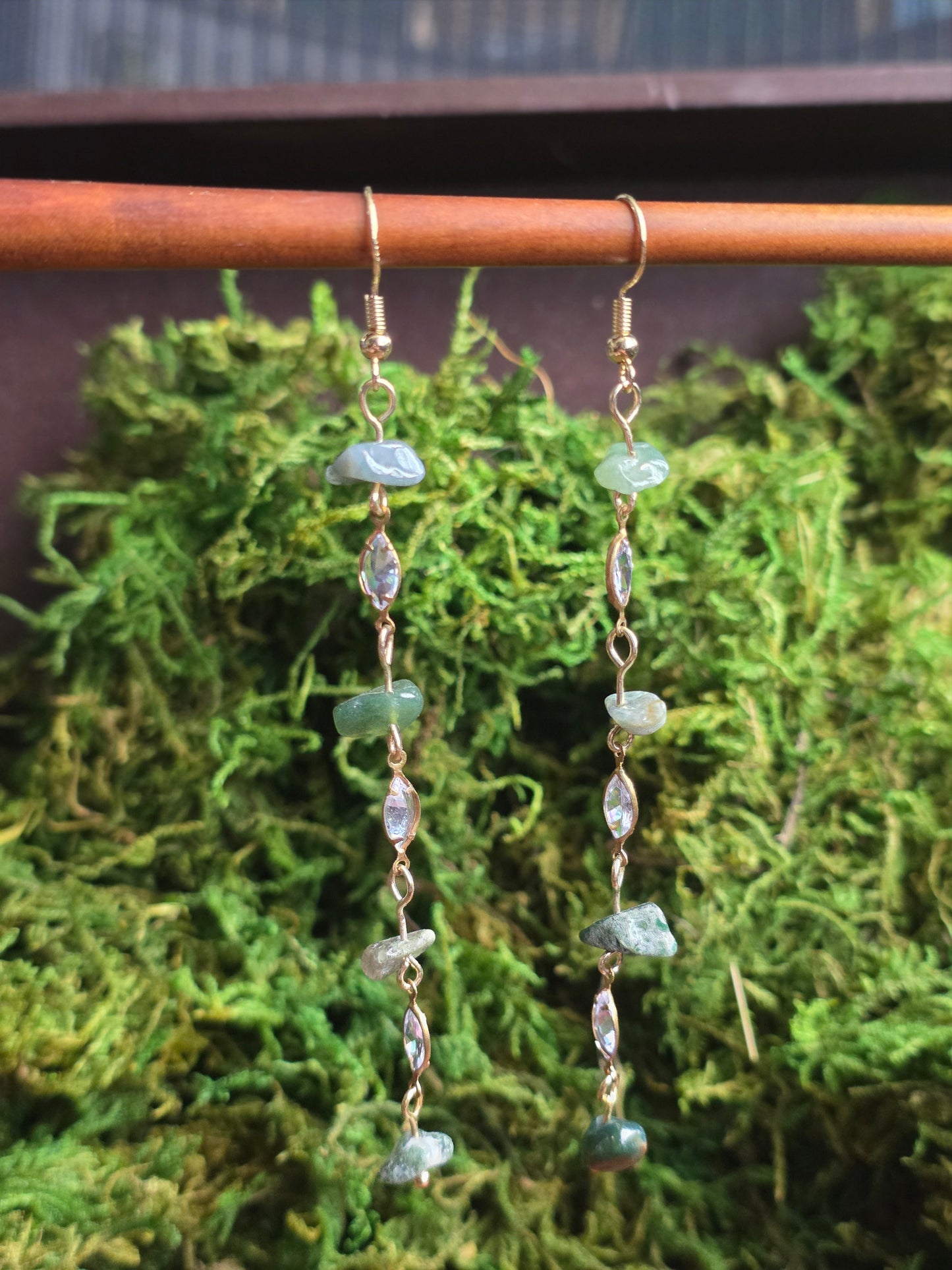 Moss Agate Long Dangles CZ Marquise Irregular Stones