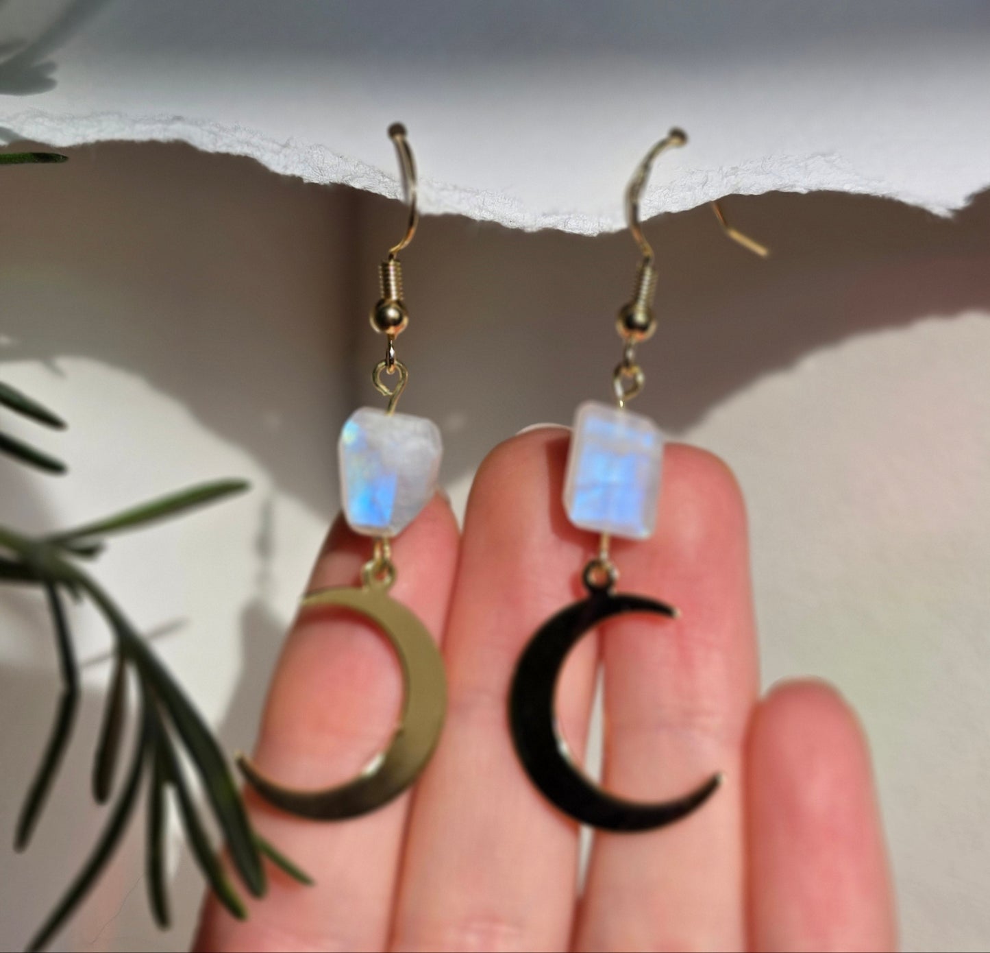 Moonstone Blue Flash Moon Charm Dangle Earrings