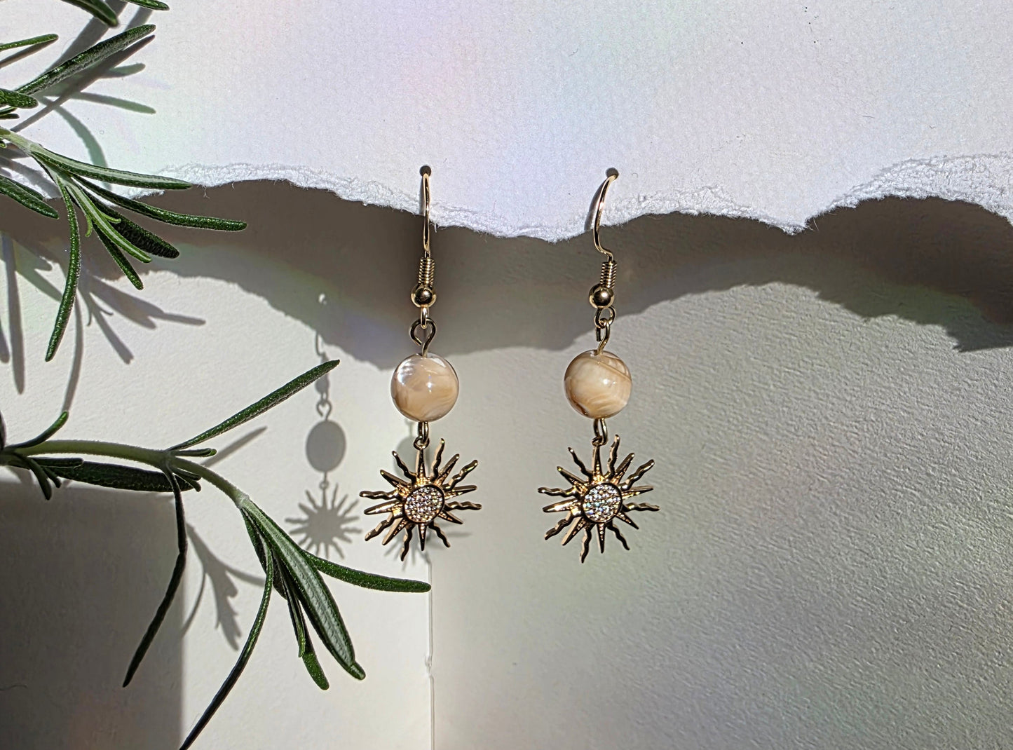 Mother of Pearl and Gold Sun Charm Earrings