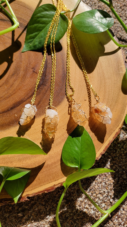 Raw Citrine Gemstone Necklace, gold color chain . stainless steel, earth jewelry crystal healing chakra sun solar