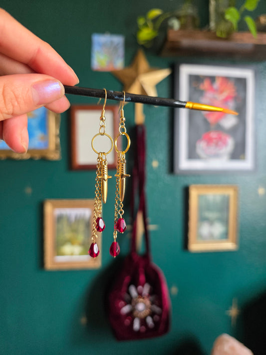 Garnet Dagger Dangle Earrings