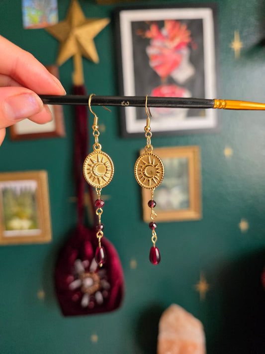 Garnet Sun Charm Dangle Earrings
