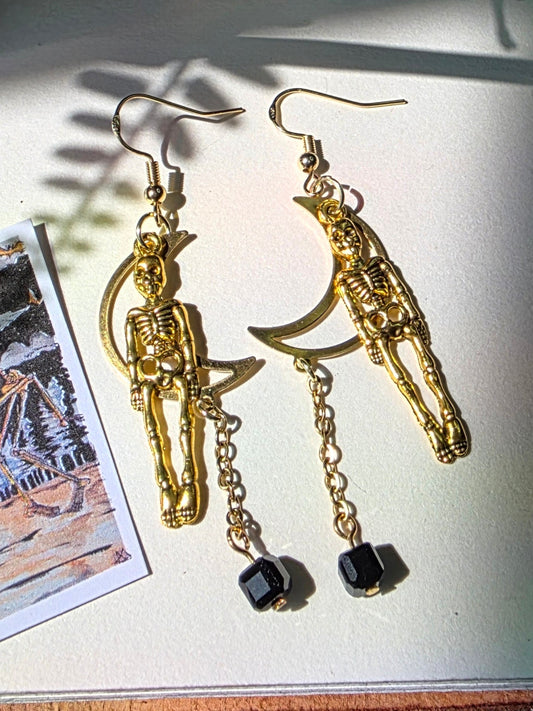 Skeletons and Hallow Crescent Moon Chain in Cubic Obsidian Danse Macabre