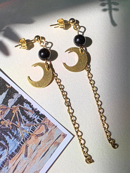 Skeletons and Crescent Moon in Golden Obsidian Chains  Studs Danse Macabre