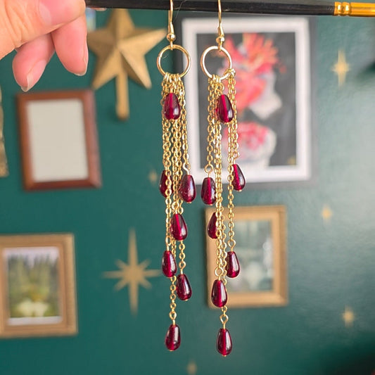 Garnet Blood Drop Chain Dangle Earrings