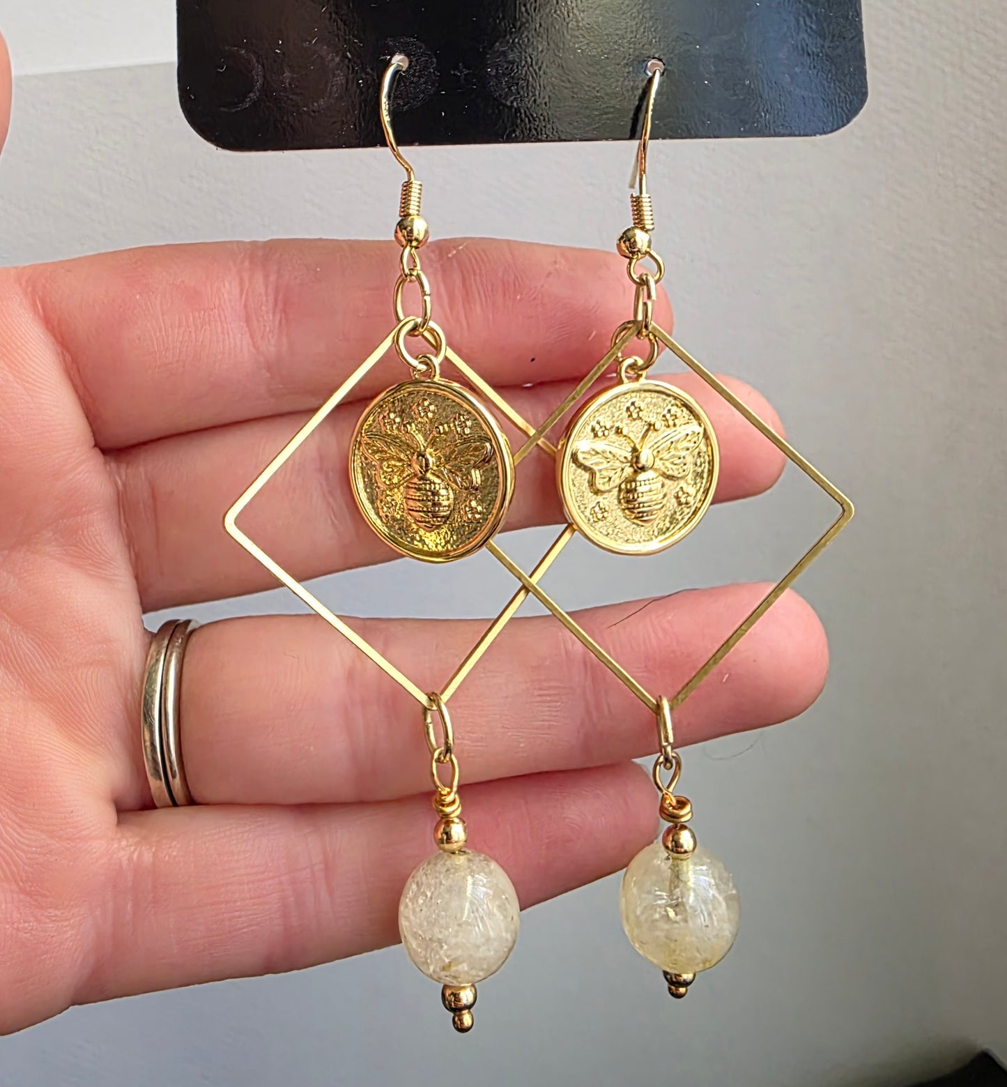 Citrine Bee Geometric Dangle Earrings — Gold