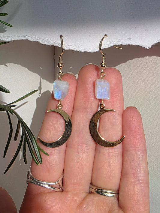 Moonstone  Blue Flash Moon Charm Dangle Earrings
