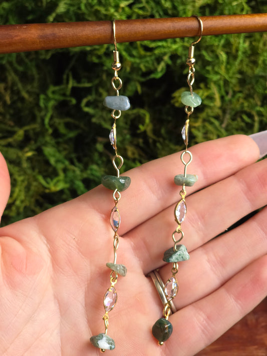 Moss Agate Long Dangles CZ Marquise Irregular Stones