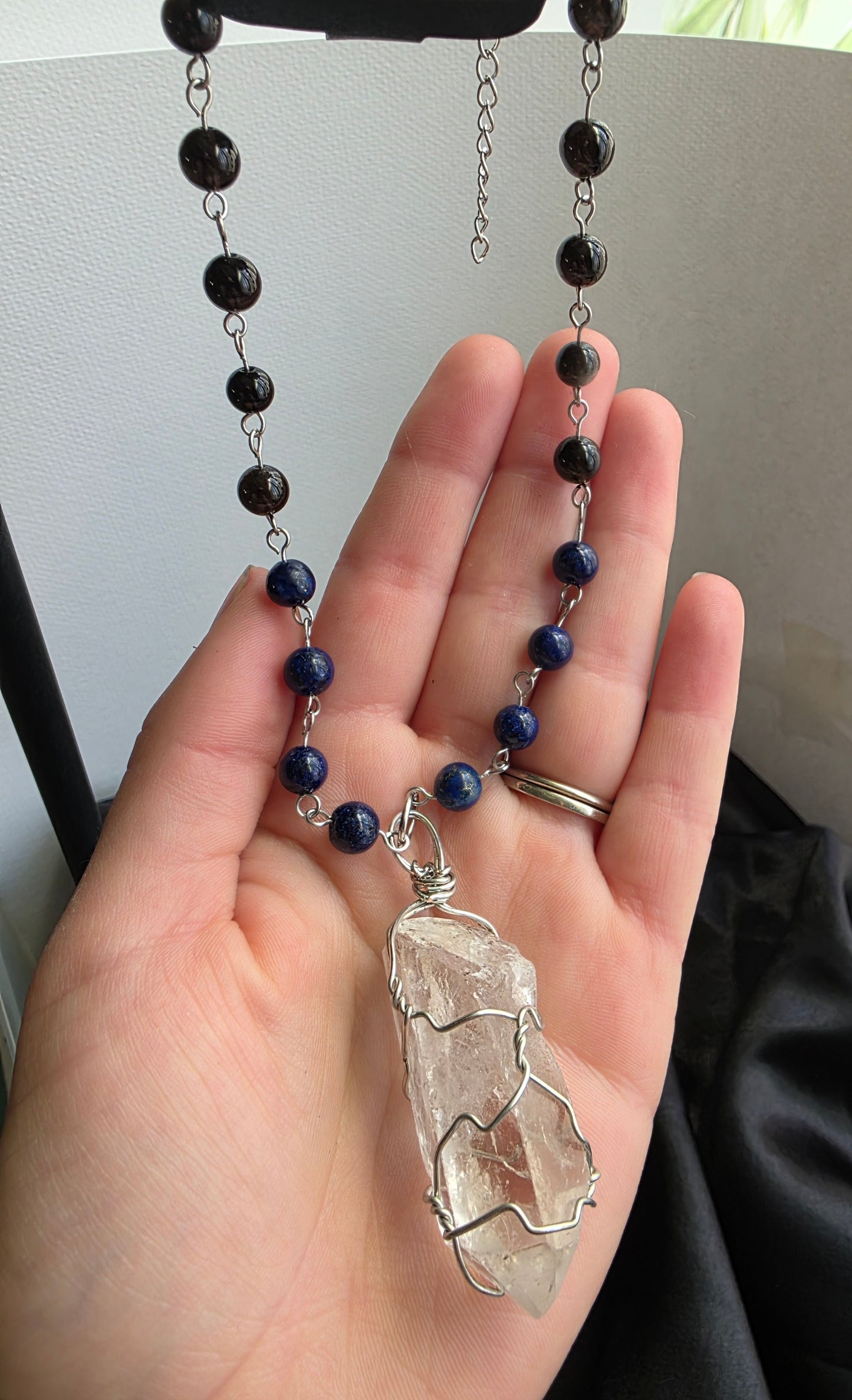 Clear Quartz Statement Necklace with Obsidian & Lapis Lazuli