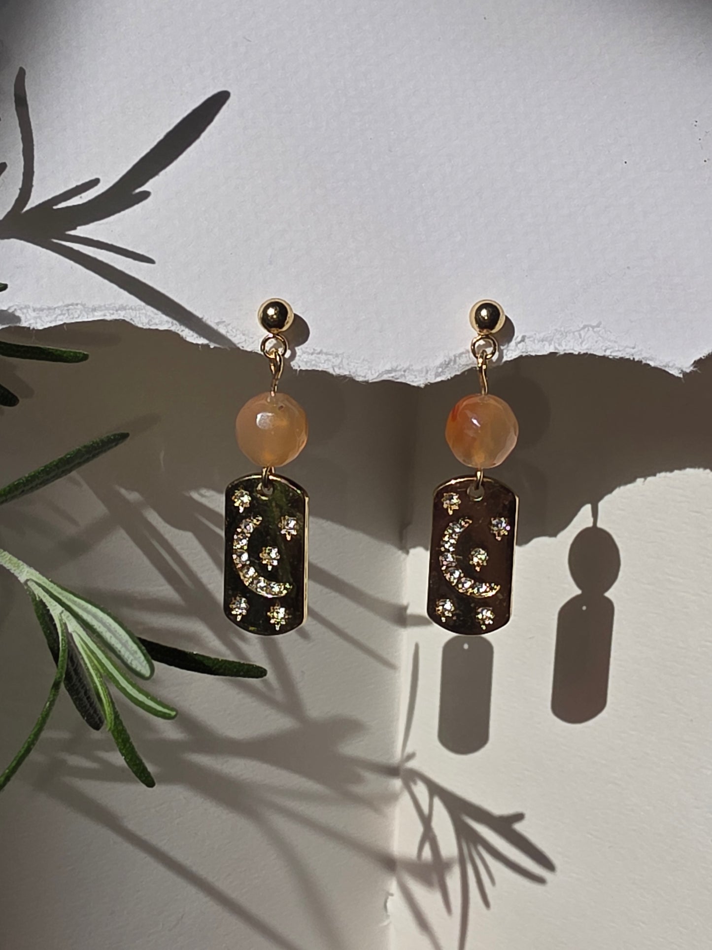 Agate and Gold  Moon and Stars Charm Stud Earrings