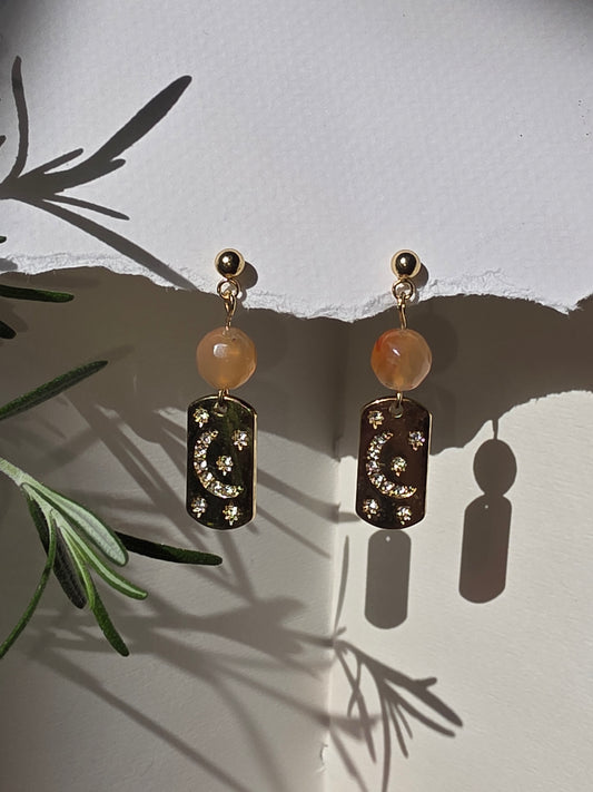 Agate and Gold  Moon and Stars Charm Stud Earrings