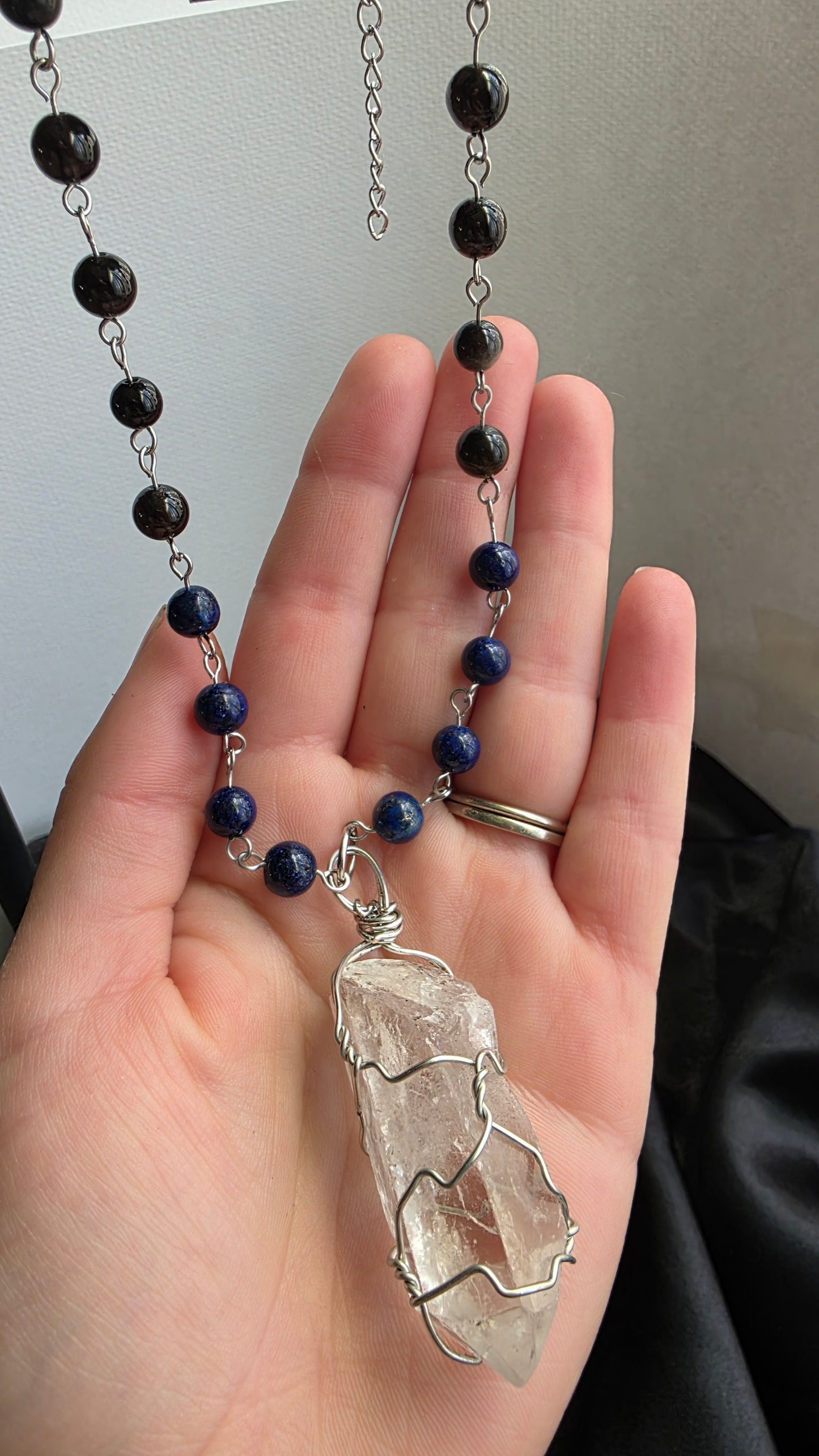 Clear Quartz Statement Necklace with Obsidian & Lapis Lazuli