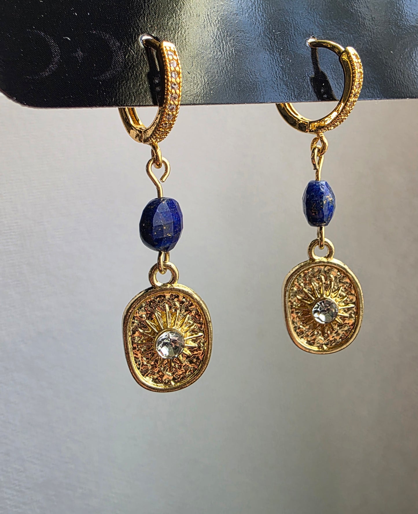 Lapis Lazuli Sun Coin Huggie Earrings – 14K Gold Plated