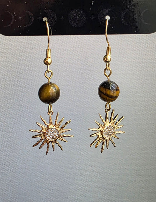 Tiger’s Eye Sun Charm Dangle Earrings – 14K Gold Plated