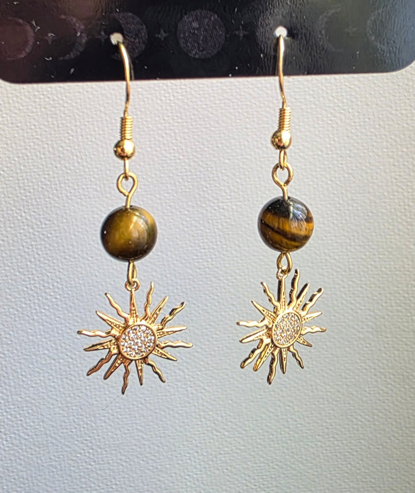 Tiger’s Eye Sun Charm Dangle Earrings – 14K Gold Plated