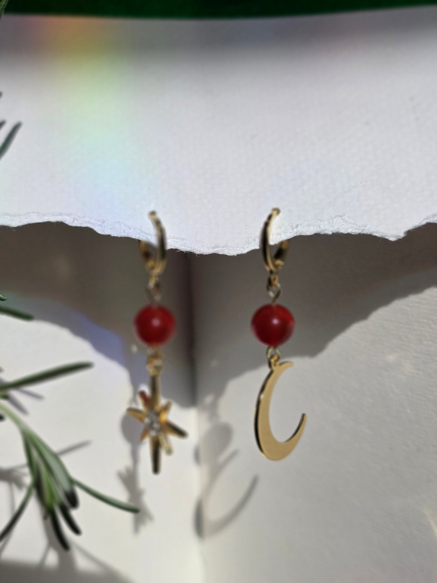 Carnelian and Gold  Stars and Moon Charm  Earrings