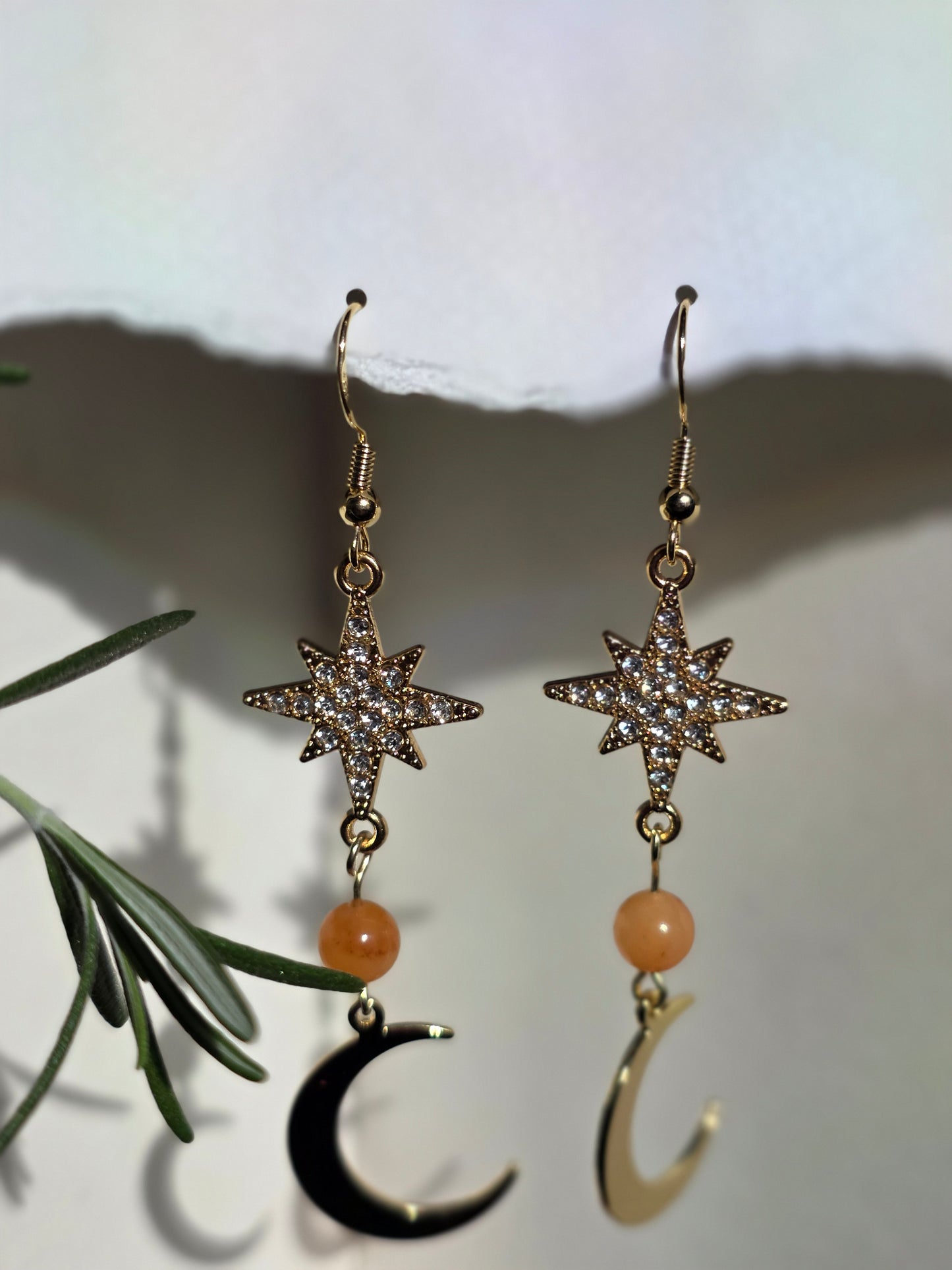 Agate and Gold  Stars and Moon Charm  Earrings
