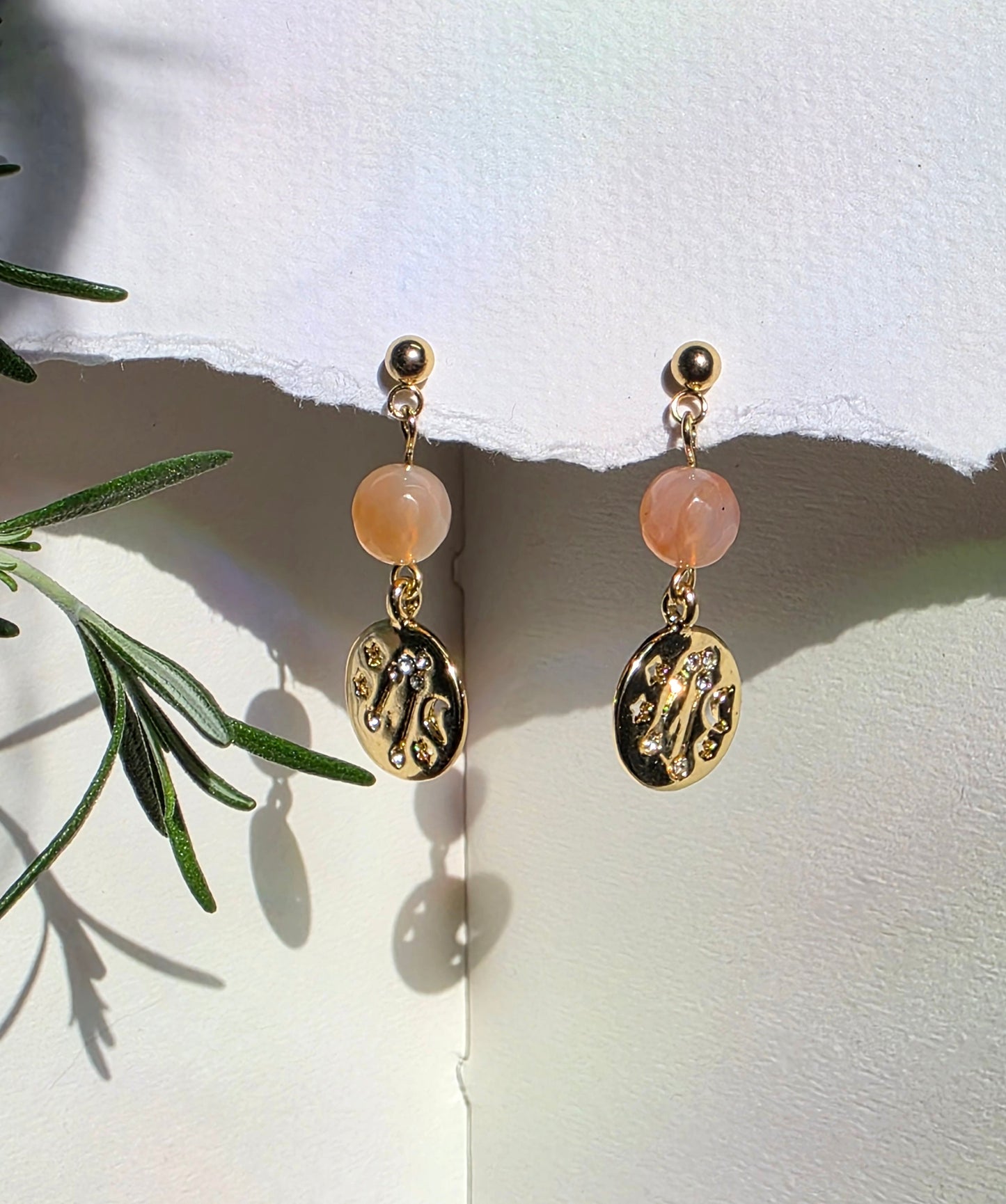 Agate and Gold Coin and Constilation Charm Stud Earrings
