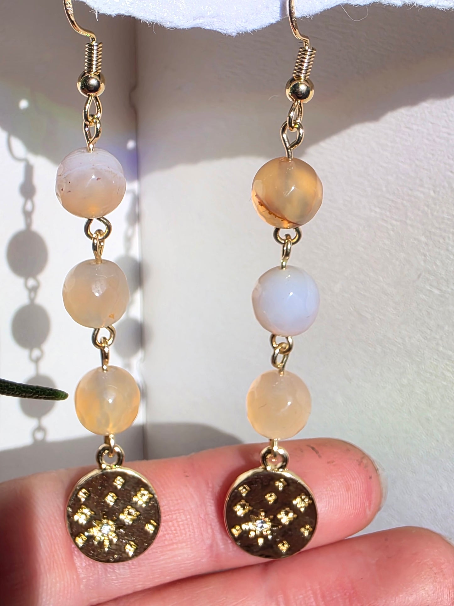Agate and Gold Hammered Stars Coin Charm  Earrings