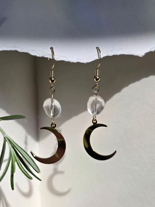 Clear Quartz Moon Dangle Earrings