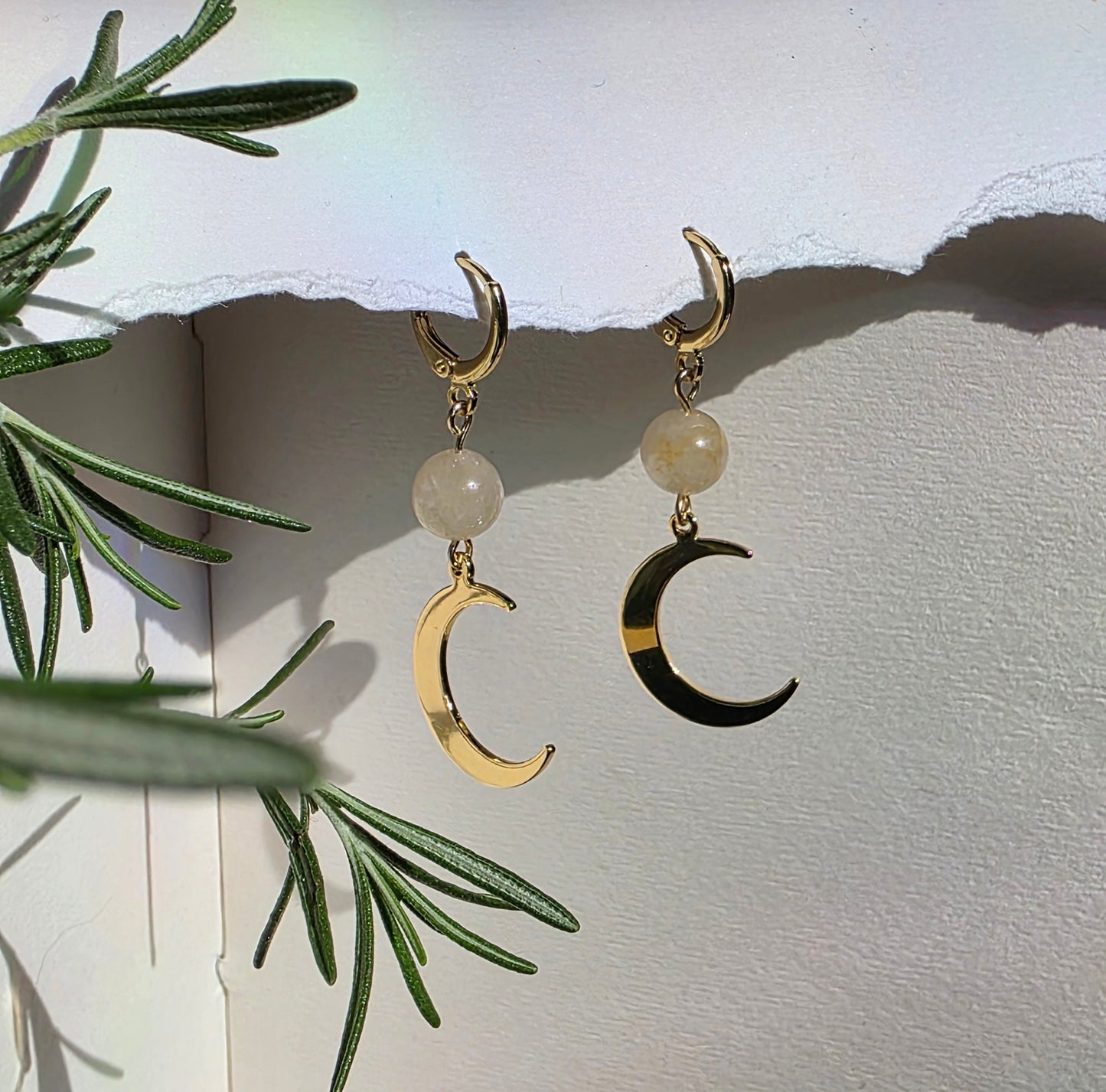 Agate and Gold Moon Charm  Earrings