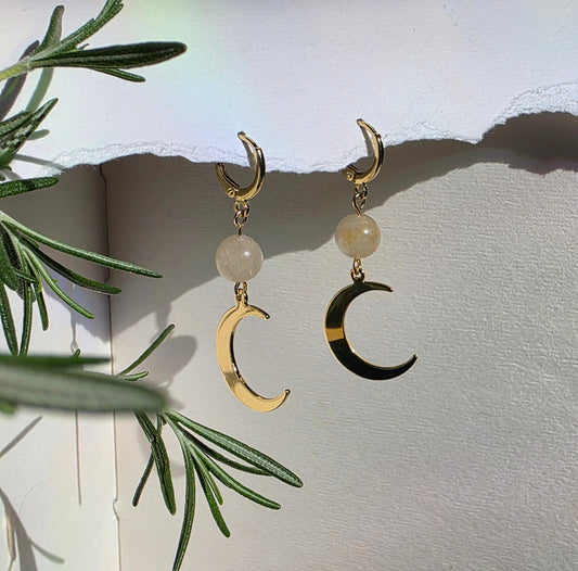 Agate and Gold Moon Charm  Earrings