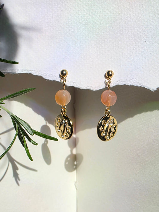 Agate and Gold Coin and Constilation Charm Stud Earrings