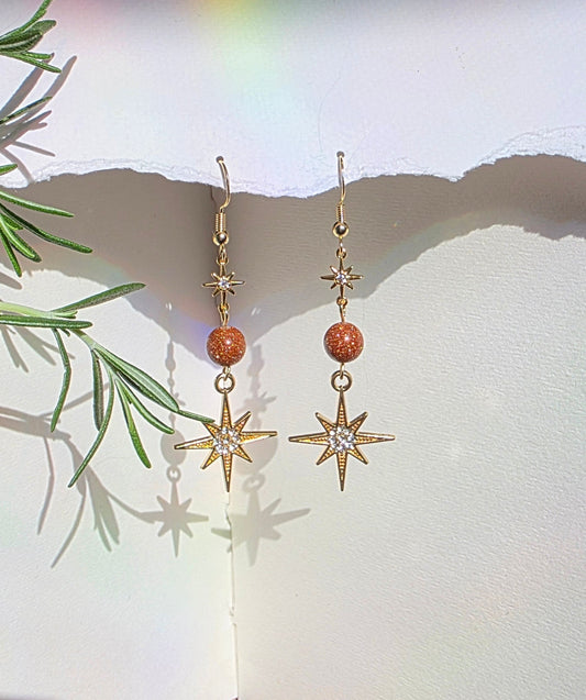 Gold Sand Stone and Gold Star Charm  Earrings