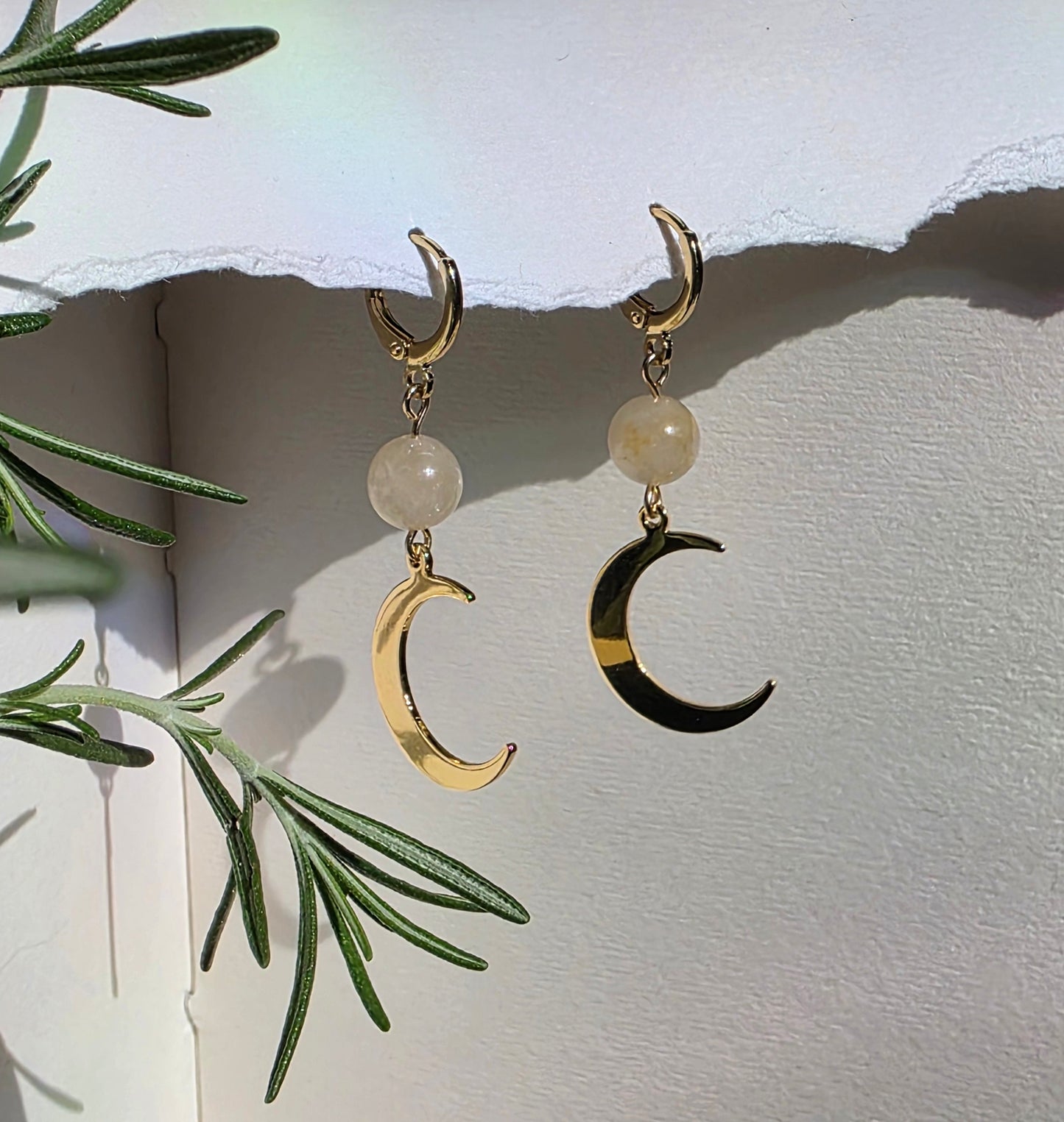 Agate and Gold Moon Charm  Earrings