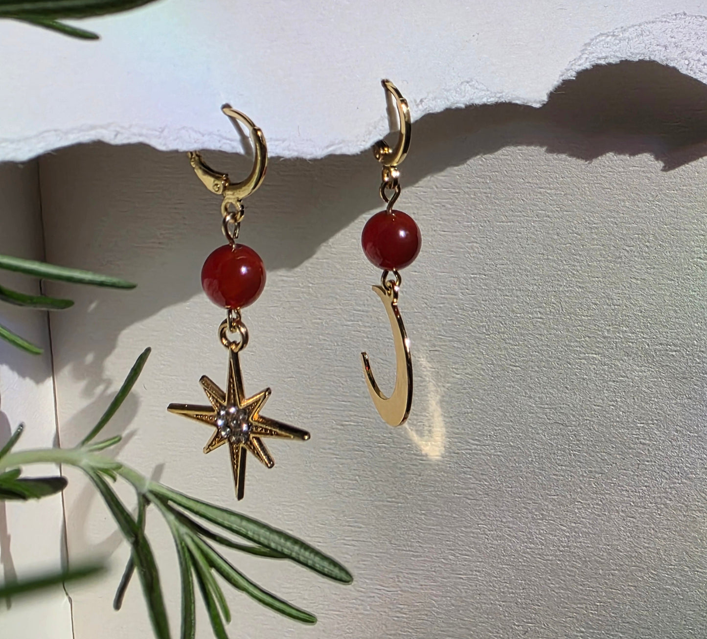 Carnelian and Gold  Stars and Moon Charm  Earrings
