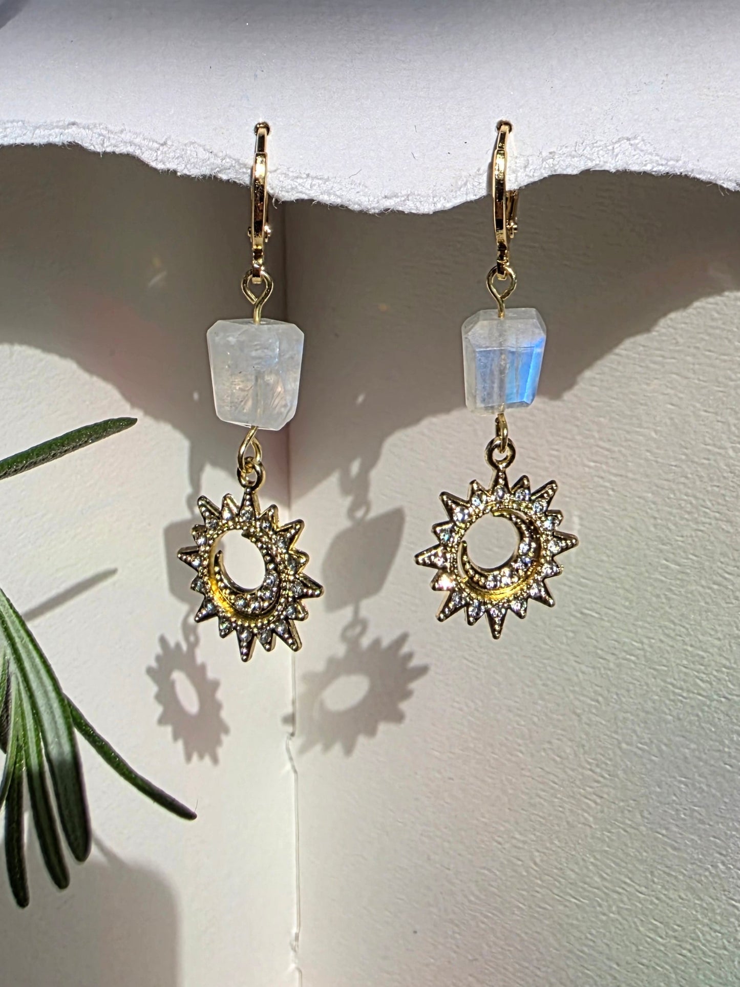 Moonstone Sun & Moon Huggie Earrings