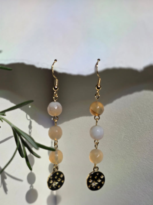 Agate and Gold Hammered Stars Coin Charm  Earrings