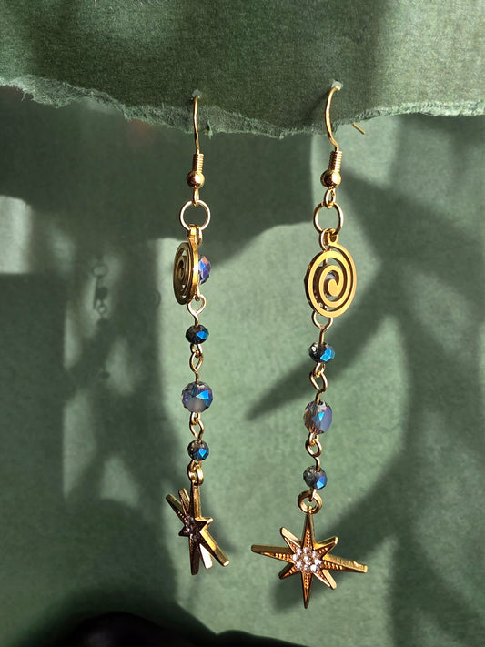 Glass Crystal Spiral Mushroom Dream Celestial with Gold Dangle Earrings
