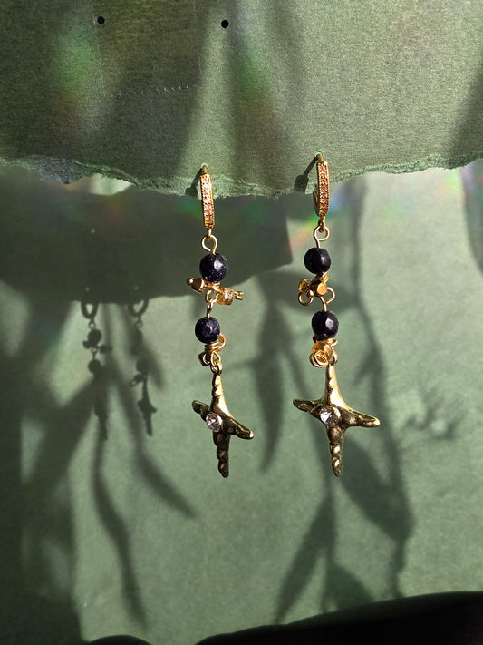 STAR  Spiral Mushroom Dream Celestial with Gold Dangle Earrings