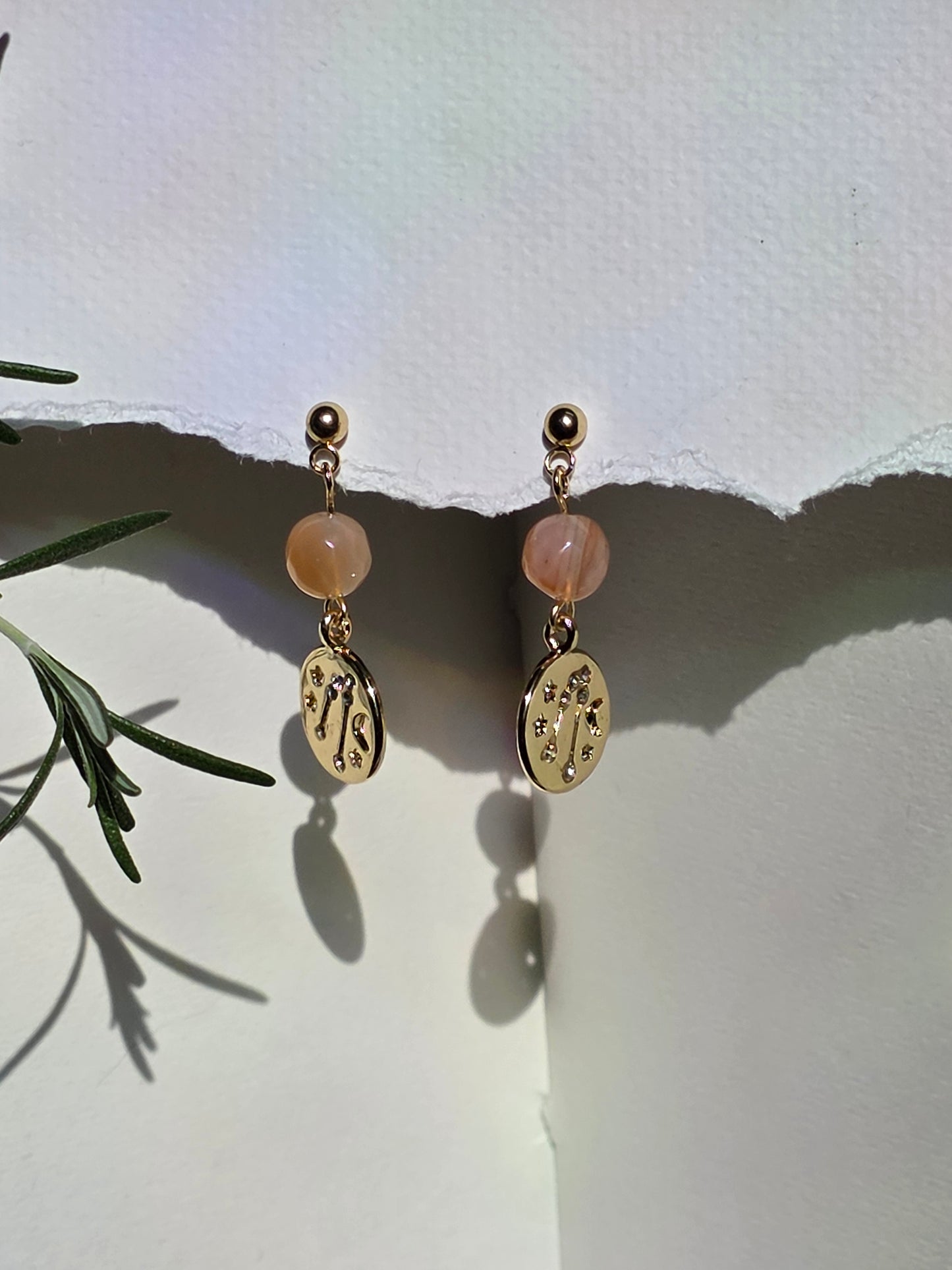 Agate and Gold Coin and Constilation Charm Stud Earrings